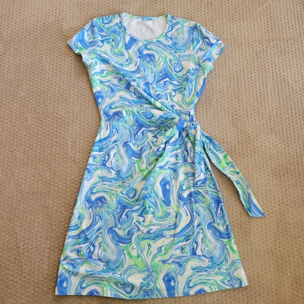 J.McLaughlin Elora Faux Wrap Tie Dress Catalina Watercolor Blue Green Large